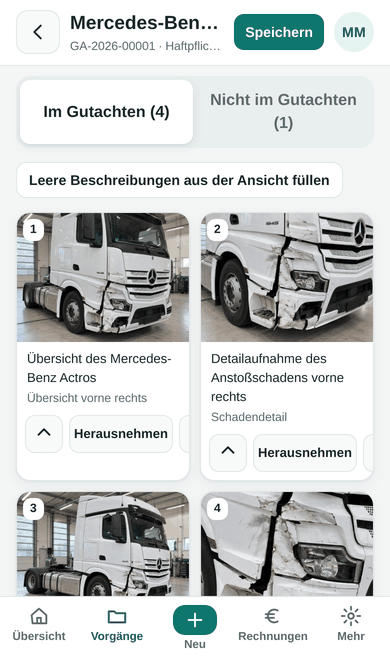 Kalkubit auf dem Handy: nummerierte Schadenfotos eines Lkw im Vorgang.