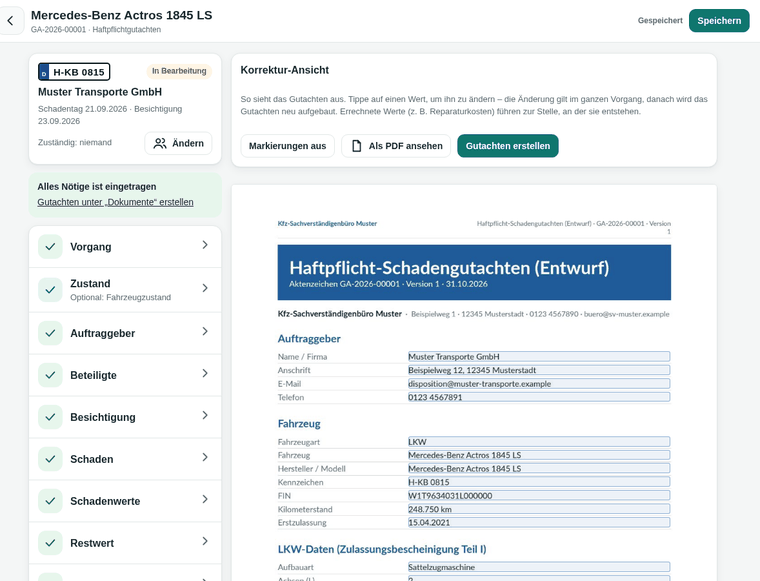Korrektur-Ansicht am PC: Entwurf eines Haftpflicht-Schadengutachtens, die Werte sind zum Antippen markiert.